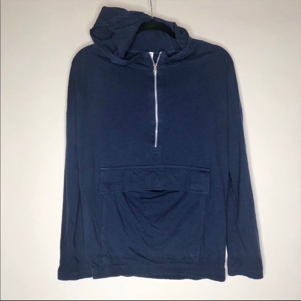 KYODAN Navy Active Front Pouch Pocket Elastic Bottom 1/4 Zipup Hoodie Shirt